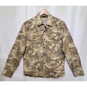 LL Bean Camo Shirt Jacket Mid-Heavy Weight Desert Tan Untucked Style Men's S